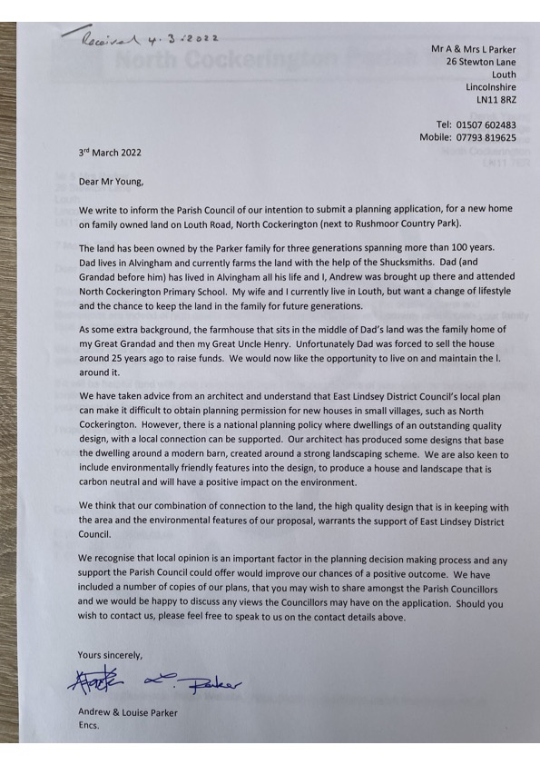 Copy of letter sent to NCPM re proposed planning application